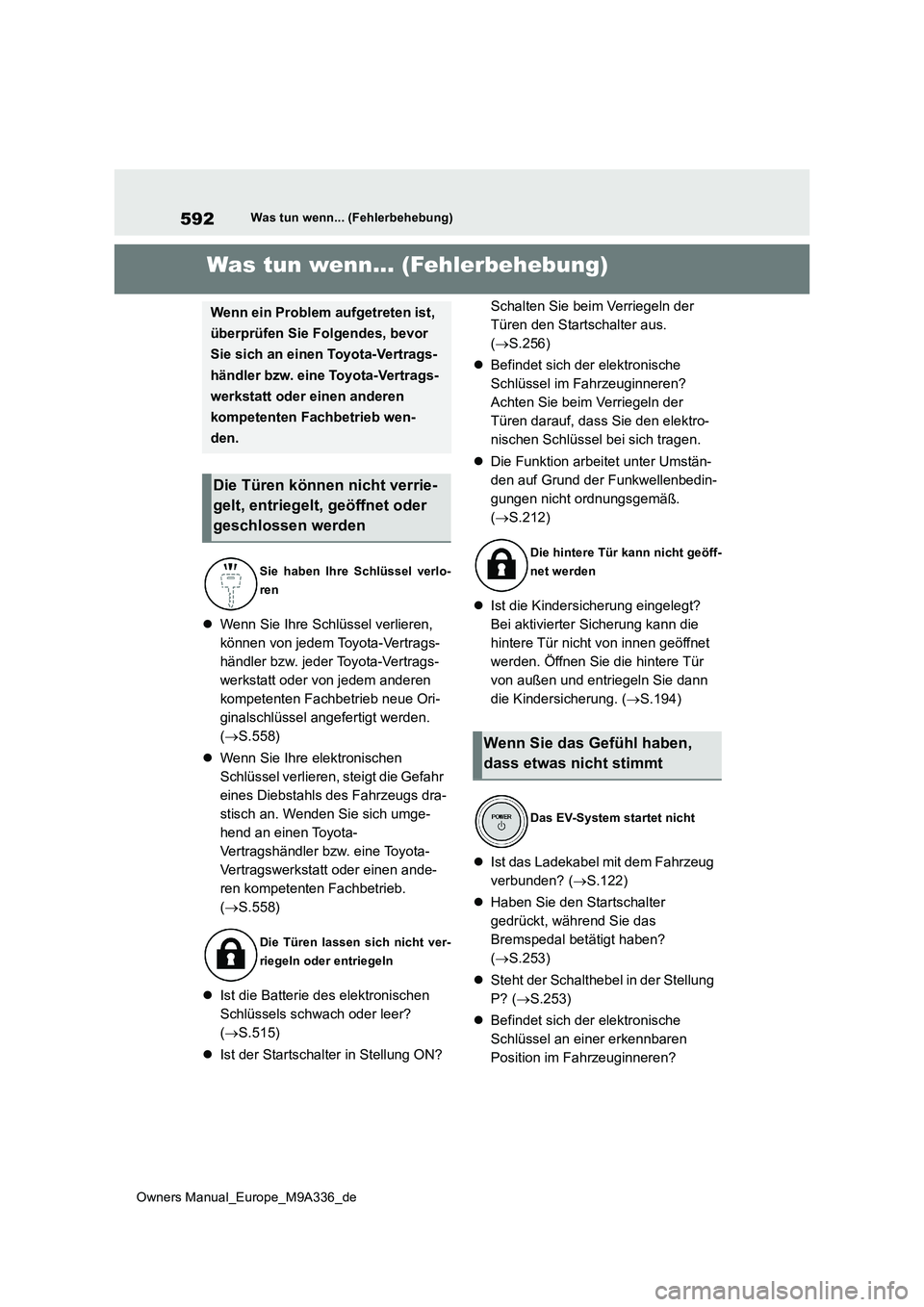 TOYOTA BZ4X 2022 Betriebsanleitungen (in German) 592
Owners Manual_Europe_M9A336_de
Was tun wenn... (Fehlerbehebung)
1-1.Was tun wenn... (Fe hle rbe hebun g)Was tun wenn... (Fehlerbehebung)
Wenn Sie Ihre Schlüssel verlieren,
können von jedem TOYOTA BZ4X 2022 Betriebsanleitungen (in German) 592
Owners Manual_Europe_M9A336_de
Was tun wenn... (Fehlerbehebung)
1-1.Was tun wenn... (Fe hle rbe hebun g)Was tun wenn... (Fehlerbehebung)
Wenn Sie Ihre Schlüssel verlieren,
können von jedem