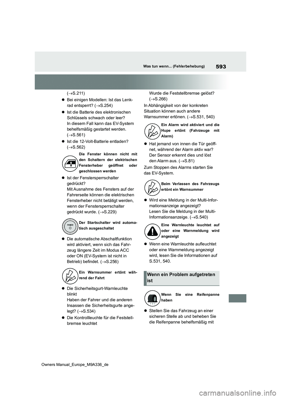 TOYOTA BZ4X 2022 Betriebsanleitungen (in German) 593
Owners Manual_Europe_M9A336_de
Was tun wenn... (Fehlerbehebung)
(S.211)
Bei einigen Modellen: Ist das Lenk-
rad entsperrt? ( S.254)
Ist die Batterie des elektronischen
Schlüsse TOYOTA BZ4X 2022 Betriebsanleitungen (in German) 593
Owners Manual_Europe_M9A336_de
Was tun wenn... (Fehlerbehebung)
(S.211)
Bei einigen Modellen: Ist das Lenk-
rad entsperrt? ( S.254)
Ist die Batterie des elektronischen
Schlüsse