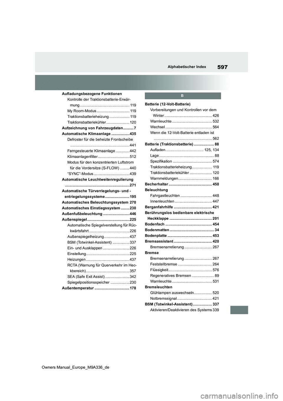 TOYOTA BZ4X 2022 Betriebsanleitungen (in German) 597
Owners Manual_Europe_M9A336_de
Alphabetischer Index
Aufladungsbezogene Funktionen
Kontrolle der Traktionsbatterie-Erwär-
mung ............................................... 119
My Room-Modus .. TOYOTA BZ4X 2022 Betriebsanleitungen (in German) 597
Owners Manual_Europe_M9A336_de
Alphabetischer Index
Aufladungsbezogene Funktionen
Kontrolle der Traktionsbatterie-Erwär-
mung ............................................... 119
My Room-Modus ..