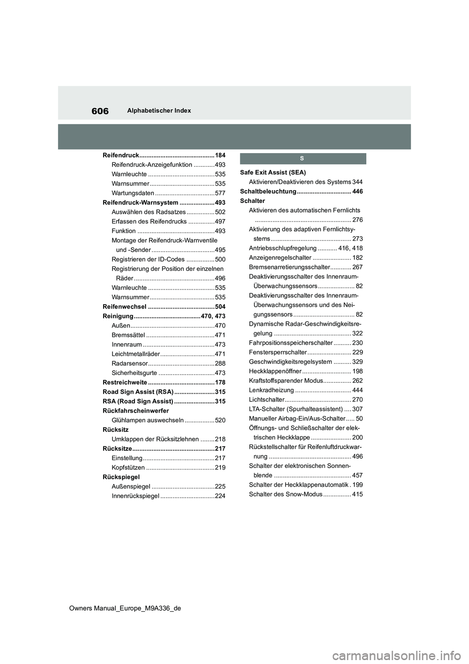 TOYOTA BZ4X 2022 Betriebsanleitungen (in German) 606
Owners Manual_Europe_M9A336_de
Alphabetischer Index
Reifendruck........................................... 184
Reifendruck-Anzeigefunktion ............ 493
Warnleuchte .......................... TOYOTA BZ4X 2022 Betriebsanleitungen (in German) 606
Owners Manual_Europe_M9A336_de
Alphabetischer Index
Reifendruck........................................... 184
Reifendruck-Anzeigefunktion ............ 493
Warnleuchte ..........................