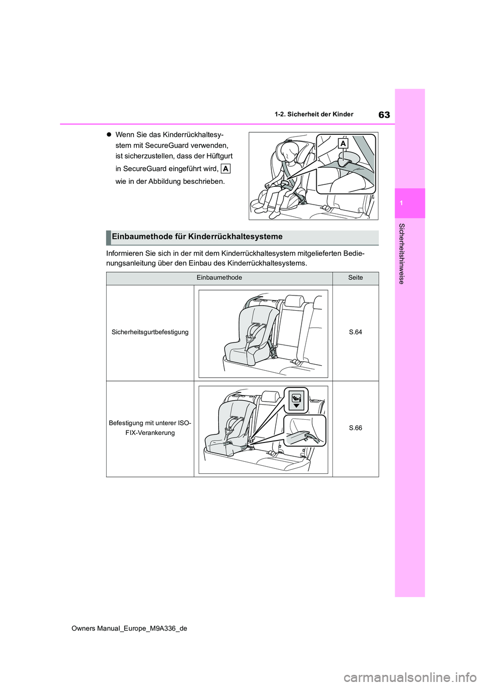 TOYOTA BZ4X 2022  Betriebsanleitungen (in German) 63
1
Owners Manual_Europe_M9A336_de
1-2. Sicherheit der Kinder
Sicherheitshinweise
Wenn Sie das Kinderrückhaltesy- 
stem mit SecureGuard verwenden,  
ist sicherzustellen, dass der Hüftgurt  
in S