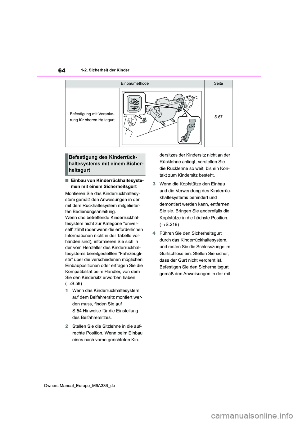 TOYOTA BZ4X 2022  Betriebsanleitungen (in German) 64
Owners Manual_Europe_M9A336_de
1-2. Sicherheit der Kinder
■Einbau von Kinderrückhaltesyste- 
men mit einem Sicherheitsgurt 
Montieren Sie das Kinderrückhaltesy- 
stem gemäß den Anweisungen in
