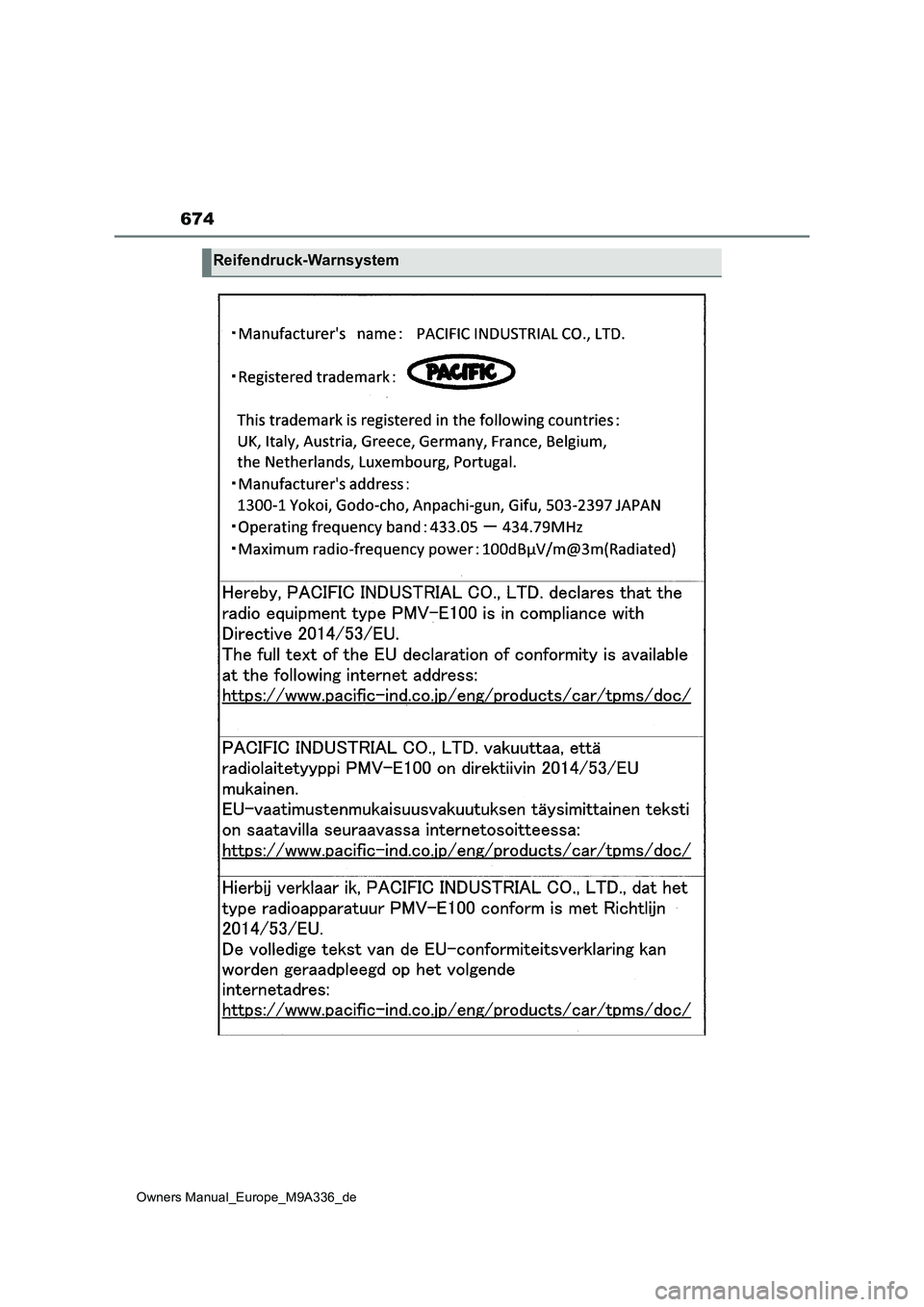 TOYOTA BZ4X 2022 Betriebsanleitungen (in German) 674
Owners Manual_Europe_M9A336_de
Reifendruck-Warnsystem TOYOTA BZ4X 2022 Betriebsanleitungen (in German) 674
Owners Manual_Europe_M9A336_de
Reifendruck-Warnsystem