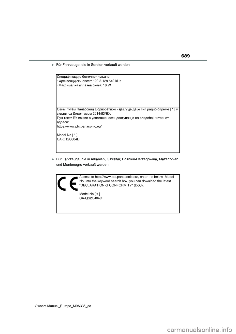 TOYOTA BZ4X 2022 Betriebsanleitungen (in German) 689
Owners Manual_Europe_M9A336_de
Für Fahrzeuge, die in Serbien verkauft werden
Für Fahrzeuge, die in Albanien, Gibraltar, Bosnien-Herzegowina, Mazedonien
und Montenegro verkauft werden TOYOTA BZ4X 2022 Betriebsanleitungen (in German) 689
Owners Manual_Europe_M9A336_de
Für Fahrzeuge, die in Serbien verkauft werden
Für Fahrzeuge, die in Albanien, Gibraltar, Bosnien-Herzegowina, Mazedonien
und Montenegro verkauft werden