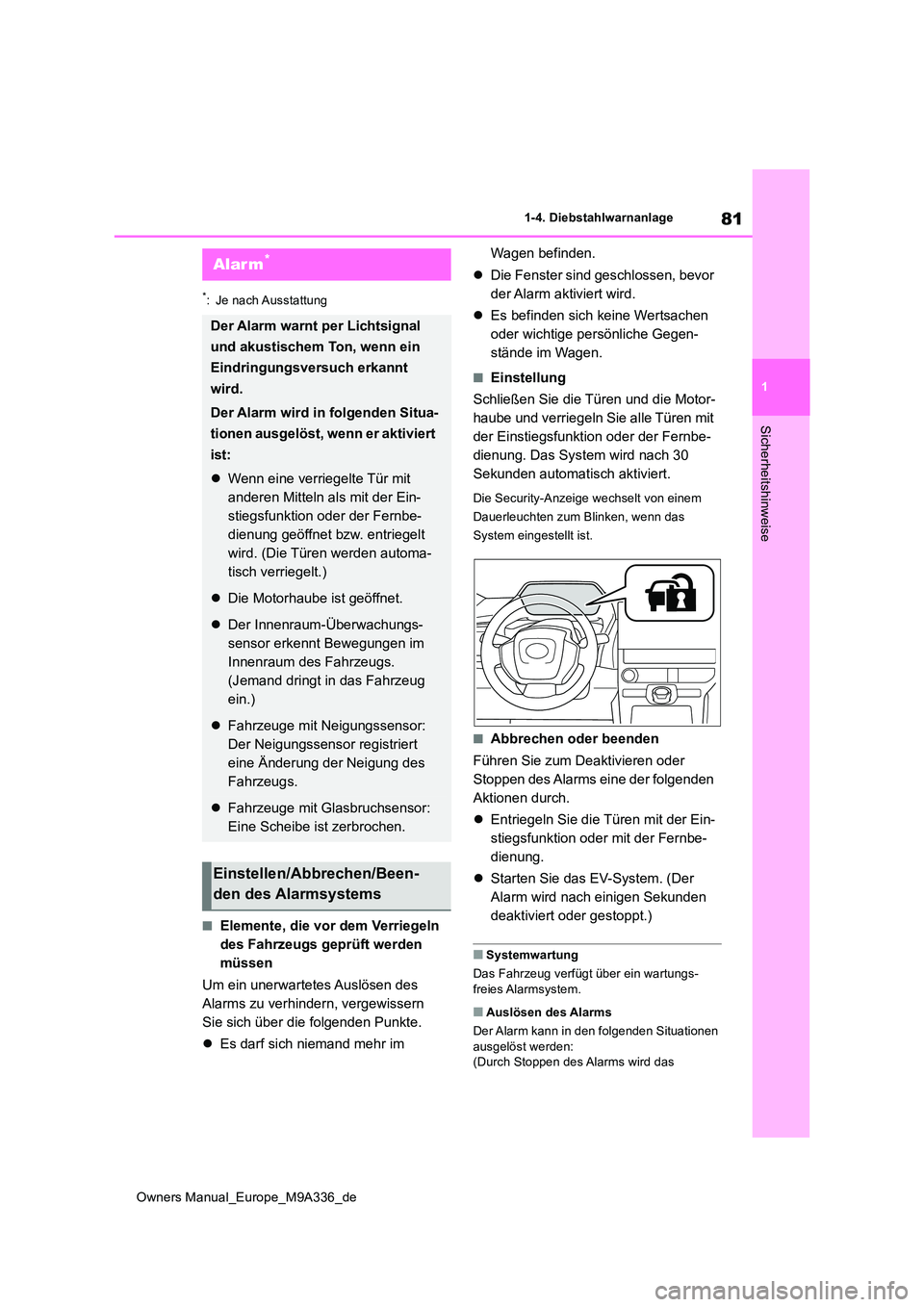 TOYOTA BZ4X 2022  Betriebsanleitungen (in German) 81
1
Owners Manual_Europe_M9A336_de
1-4. Diebstahlwarnanlage
Sicherheitshinweise
*: Je nach Ausstattung
■Elemente, die vor dem Verriegeln  
des Fahrzeugs geprüft werden 
müssen 
Um ein unerwartete
