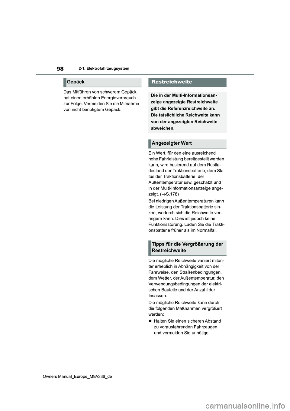 TOYOTA BZ4X 2022  Betriebsanleitungen (in German) 98
Owners Manual_Europe_M9A336_de
2-1. Elektrofahrzeugsystem
Das Mitführen von schwerem Gepäck  
hat einen erhöhten Energieverbrauch 
zur Folge. Vermeiden Sie die Mitnahme 
von nicht benötigtem Ge