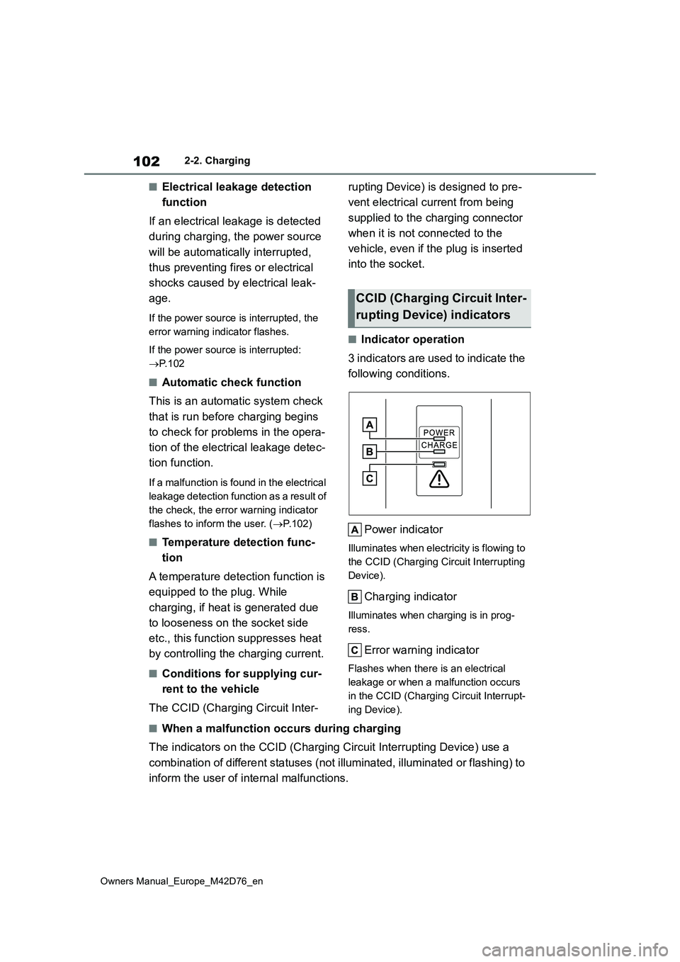 TOYOTA BZ4X 2022 Owners Manual (in English) 102
Owners Manual_Europe_M42D76_en
2-2. Charging
■Electrical leakage detection
function
If an electrical leakage is detected
during charging, the power source
will be automatically interrupte TOYOTA BZ4X 2022 Owners Manual (in English) 102
Owners Manual_Europe_M42D76_en
2-2. Charging
■Electrical leakage detection
function
If an electrical leakage is detected
during charging, the power source
will be automatically interrupte