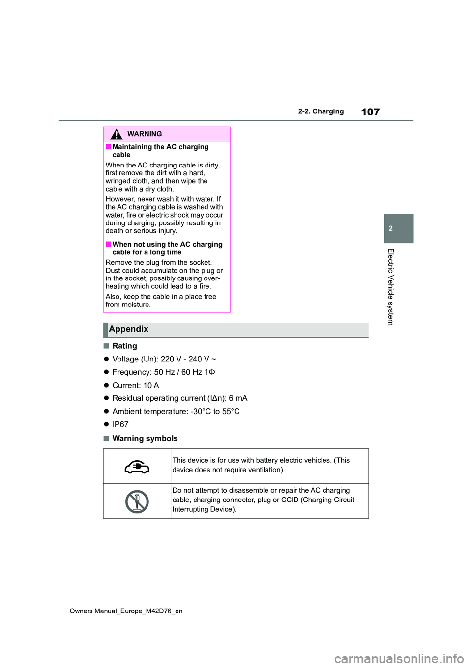 TOYOTA BZ4X 2022 Owners Manual (in English) 107
2
Owners Manual_Europe_M42D76_en
2-2. Charging
Electric Vehicle system
■Rating
Voltage (Un): 220 V - 240 V ~
Frequency: 50 Hz / 60 Hz 1Φ
Current: 10 A
Residual operating cur TOYOTA BZ4X 2022 Owners Manual (in English) 107
2
Owners Manual_Europe_M42D76_en
2-2. Charging
Electric Vehicle system
■Rating
Voltage (Un): 220 V - 240 V ~
Frequency: 50 Hz / 60 Hz 1Φ
Current: 10 A
Residual operating cur