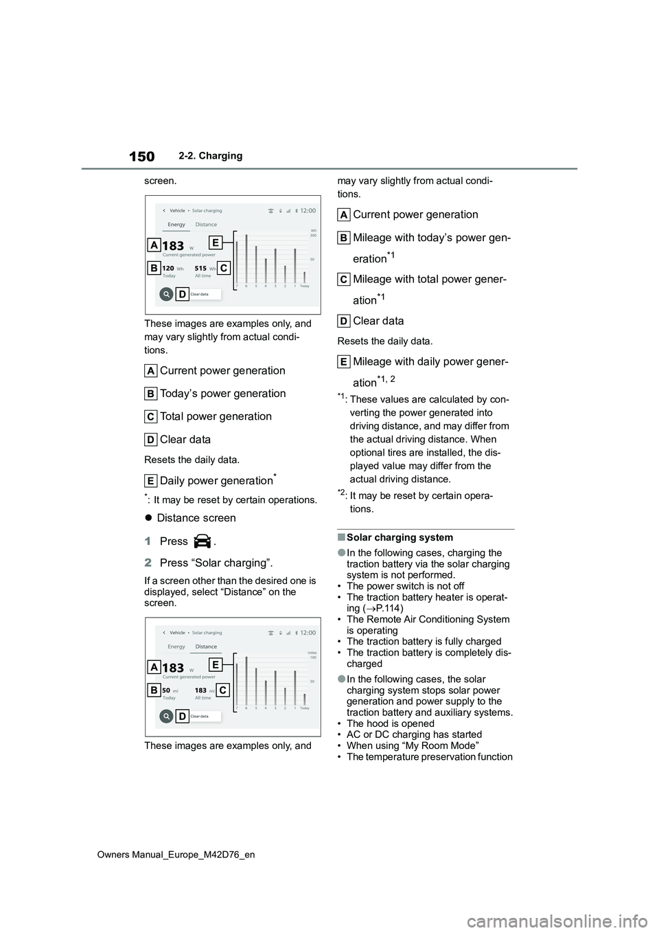 TOYOTA BZ4X 2022 (in English) Owners Manual 150
Owners Manual_Europe_M42D76_en
2-2. Charging
screen.
These images are examples only, and
may vary slightly from actual condi-
tions.
Current power generation
Today’s power generation
Total TOYOTA BZ4X 2022 (in English) Owners Manual 150
Owners Manual_Europe_M42D76_en
2-2. Charging
screen.
These images are examples only, and
may vary slightly from actual condi-
tions.
Current power generation
Today’s power generation
Total