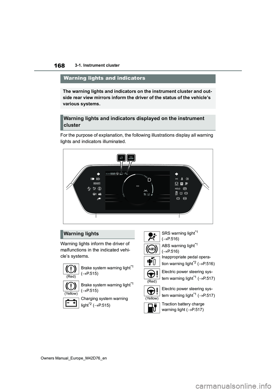 TOYOTA BZ4X 2022 (in English) User Guide 168
Owners Manual_Europe_M42D76_en
3-1. Instrument cluster
3-1.In strument clu ste r
For the purpose of explanation, the following illustrations display all warning
lights and indicators illuminated TOYOTA BZ4X 2022 (in English) User Guide 168
Owners Manual_Europe_M42D76_en
3-1. Instrument cluster
3-1.In strument clu ste r
For the purpose of explanation, the following illustrations display all warning
lights and indicators illuminated