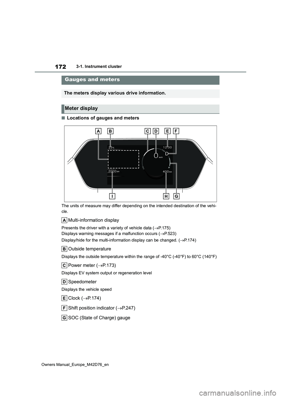 TOYOTA BZ4X 2022 Owners Manual (in English) 172
Owners Manual_Europe_M42D76_en
3-1. Instrument cluster
■Locations of gauges and meters
The units of measure may differ depending on the intended destination of the vehi-
cle.
Multi-information TOYOTA BZ4X 2022 Owners Manual (in English) 172
Owners Manual_Europe_M42D76_en
3-1. Instrument cluster
■Locations of gauges and meters
The units of measure may differ depending on the intended destination of the vehi-
cle.
Multi-information