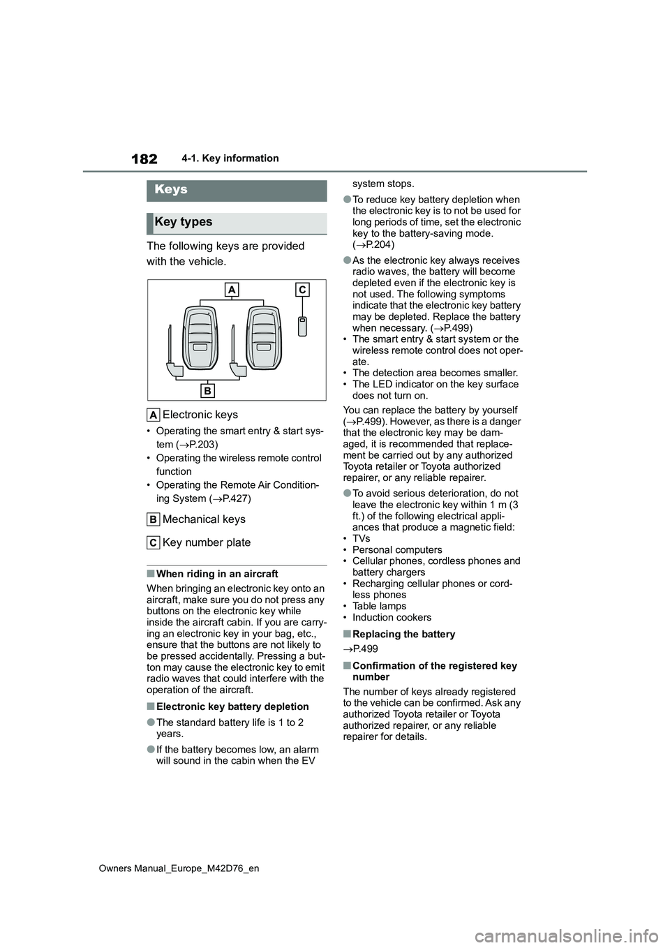 TOYOTA BZ4X 2022 Owners Manual (in English) 182
Owners Manual_Europe_M42D76_en
4-1. Key information
4-1.Key info rmation
The following keys are provided
with the vehicle.
Electronic keys
• Operating the smart entry & start sys-
tem ( P TOYOTA BZ4X 2022 Owners Manual (in English) 182
Owners Manual_Europe_M42D76_en
4-1. Key information
4-1.Key info rmation
The following keys are provided
with the vehicle.
Electronic keys
• Operating the smart entry & start sys-
tem ( P