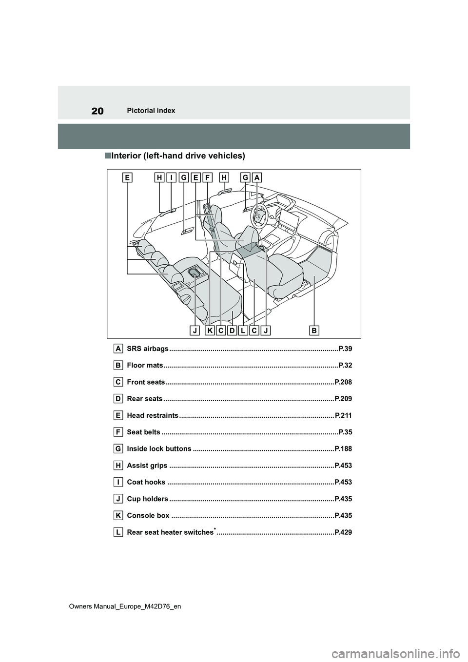 TOYOTA BZ4X 2022 Owners Manual (in English) 20
Owners Manual_Europe_M42D76_en
Pictorial index
■Interior (left-hand drive vehicles)
SRS airbags ......................................................................................P.39
Floor m TOYOTA BZ4X 2022 Owners Manual (in English) 20
Owners Manual_Europe_M42D76_en
Pictorial index
■Interior (left-hand drive vehicles)
SRS airbags ......................................................................................P.39
Floor m
