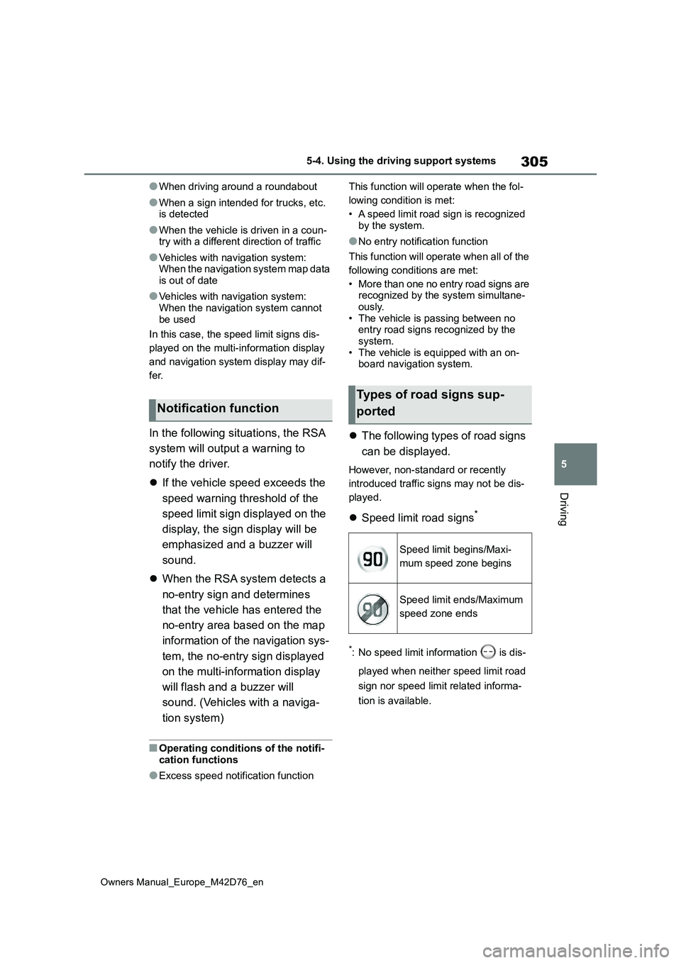 TOYOTA BZ4X 2022 Owners Manual (in English) 305
5
Owners Manual_Europe_M42D76_en
5-4. Using the driving support systems
Driving
●When driving around a roundabout
●When a sign intended for trucks, etc. is detected
●When the vehicle is dri TOYOTA BZ4X 2022 Owners Manual (in English) 305
5
Owners Manual_Europe_M42D76_en
5-4. Using the driving support systems
Driving
●When driving around a roundabout
●When a sign intended for trucks, etc. is detected
●When the vehicle is dri