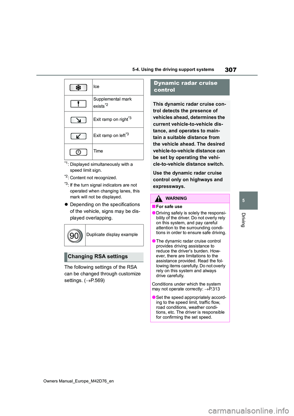 TOYOTA BZ4X 2022 (in English) Owners Guide 307
5
Owners Manual_Europe_M42D76_en
5-4. Using the driving support systems
Driving
*1: Displayed simultaneously with a
speed limit sign.
*2: Content not recognized.
*3: If the turn signal indicator TOYOTA BZ4X 2022 (in English) Owners Guide 307
5
Owners Manual_Europe_M42D76_en
5-4. Using the driving support systems
Driving
*1: Displayed simultaneously with a
speed limit sign.
*2: Content not recognized.
*3: If the turn signal indicator