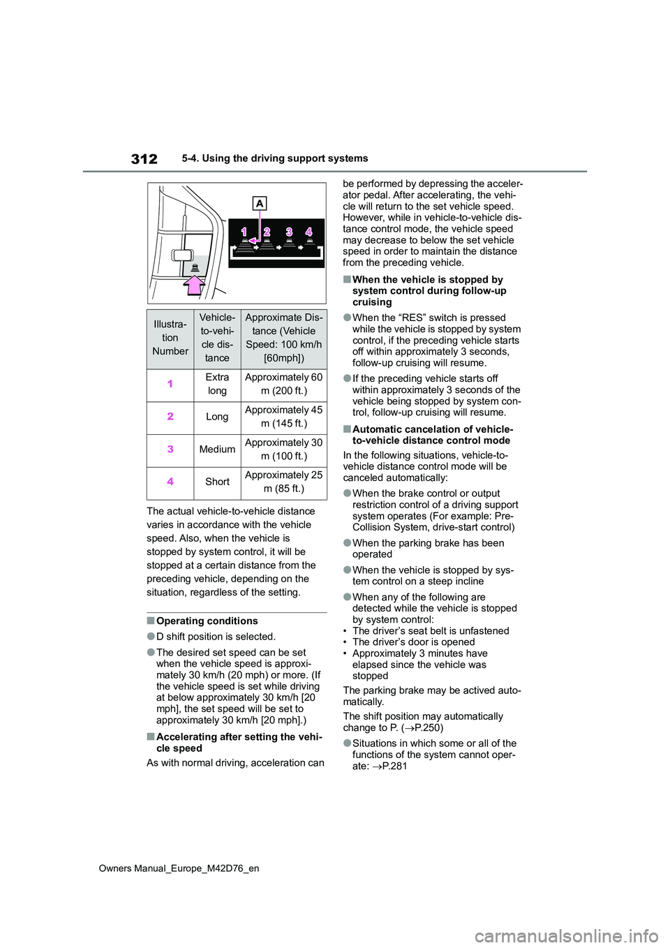 TOYOTA BZ4X 2022   (in English) Service Manual 312
Owners Manual_Europe_M42D76_en
5-4. Using the driving support systems 
The actual vehicle-to-vehicle distance  
varies in accordance with the vehicle 
speed. Also, when the vehicle is 
stopped by 