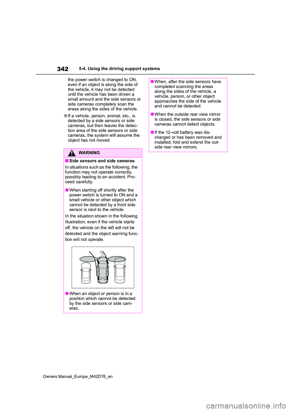 TOYOTA BZ4X 2022 (in English) Repair Manual 342
Owners Manual_Europe_M42D76_en
5-4. Using the driving support systems
the power switch is changed to ON,
even if an object is along the side of the vehicle, it may not be detected until the ve TOYOTA BZ4X 2022 (in English) Repair Manual 342
Owners Manual_Europe_M42D76_en
5-4. Using the driving support systems
the power switch is changed to ON,
even if an object is along the side of the vehicle, it may not be detected until the ve