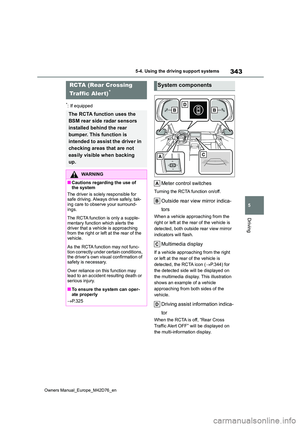 TOYOTA BZ4X 2022 (in English) Repair Manual 343
5
Owners Manual_Europe_M42D76_en
5-4. Using the driving support systems
Driving
*: If equipped
Meter control switches
Turning the RCTA function on/off.
Outside rear view mirror indica-
tors
When TOYOTA BZ4X 2022 (in English) Repair Manual 343
5
Owners Manual_Europe_M42D76_en
5-4. Using the driving support systems
Driving
*: If equipped
Meter control switches
Turning the RCTA function on/off.
Outside rear view mirror indica-
tors
When
