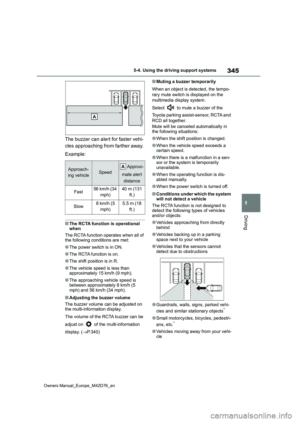 TOYOTA BZ4X 2022 (in English) Repair Manual 345
5
Owners Manual_Europe_M42D76_en
5-4. Using the driving support systems
Driving
The buzzer can alert for faster vehi-
cles approaching from farther away.
Example:
■The RCTA function is operati TOYOTA BZ4X 2022 (in English) Repair Manual 345
5
Owners Manual_Europe_M42D76_en
5-4. Using the driving support systems
Driving
The buzzer can alert for faster vehi-
cles approaching from farther away.
Example:
■The RCTA function is operati