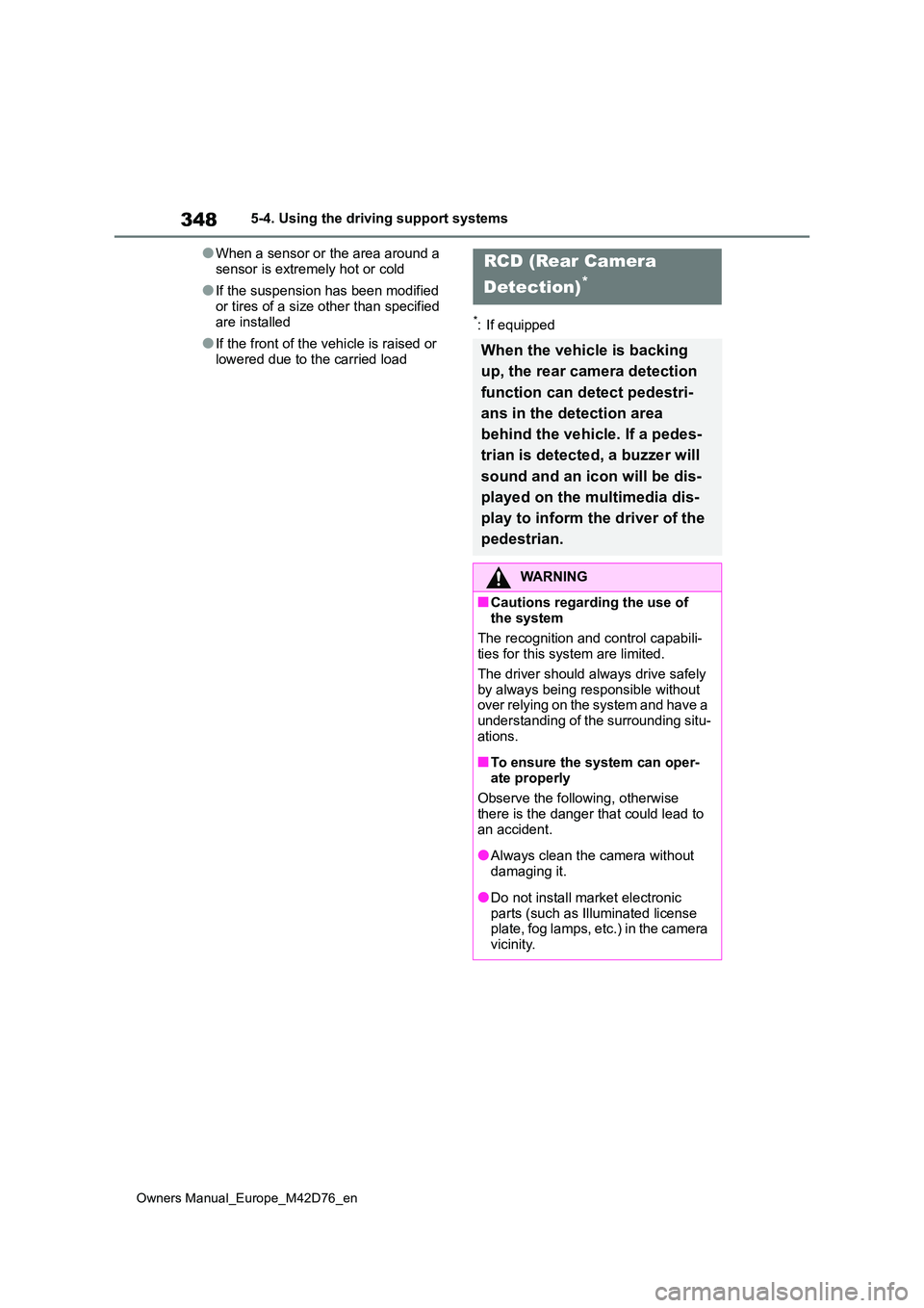 TOYOTA BZ4X 2022 (in English) Manual PDF 348
Owners Manual_Europe_M42D76_en
5-4. Using the driving support systems
●When a sensor or the area around a
sensor is extremely hot or cold
●If the suspension has been modified
or tires of a TOYOTA BZ4X 2022 (in English) Manual PDF 348
Owners Manual_Europe_M42D76_en
5-4. Using the driving support systems
●When a sensor or the area around a
sensor is extremely hot or cold
●If the suspension has been modified
or tires of a
