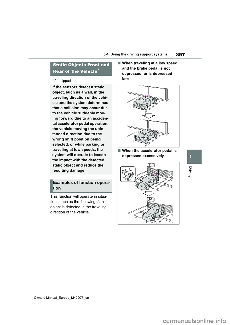 TOYOTA BZ4X 2022 (in English) Manual PDF 357
5
Owners Manual_Europe_M42D76_en
5-4. Using the driving support systems
Driving
*: If equipped
This function will operate in situa-
tions such as the following if an
object is detected in the t TOYOTA BZ4X 2022 (in English) Manual PDF 357
5
Owners Manual_Europe_M42D76_en
5-4. Using the driving support systems
Driving
*: If equipped
This function will operate in situa-
tions such as the following if an
object is detected in the t