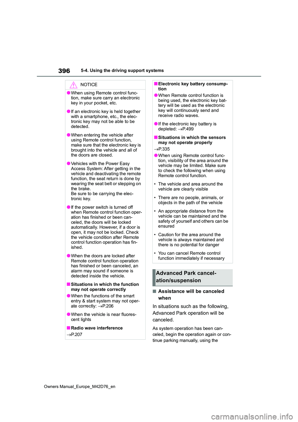 TOYOTA BZ4X 2022 Owners Manual (in English) 396
Owners Manual_Europe_M42D76_en
5-4. Using the driving support systems
■Assistance will be canceled
when
In situations such as the following,
Advanced Park operation will be
canceled.
As s TOYOTA BZ4X 2022 Owners Manual (in English) 396
Owners Manual_Europe_M42D76_en
5-4. Using the driving support systems
■Assistance will be canceled
when
In situations such as the following,
Advanced Park operation will be
canceled.
As s