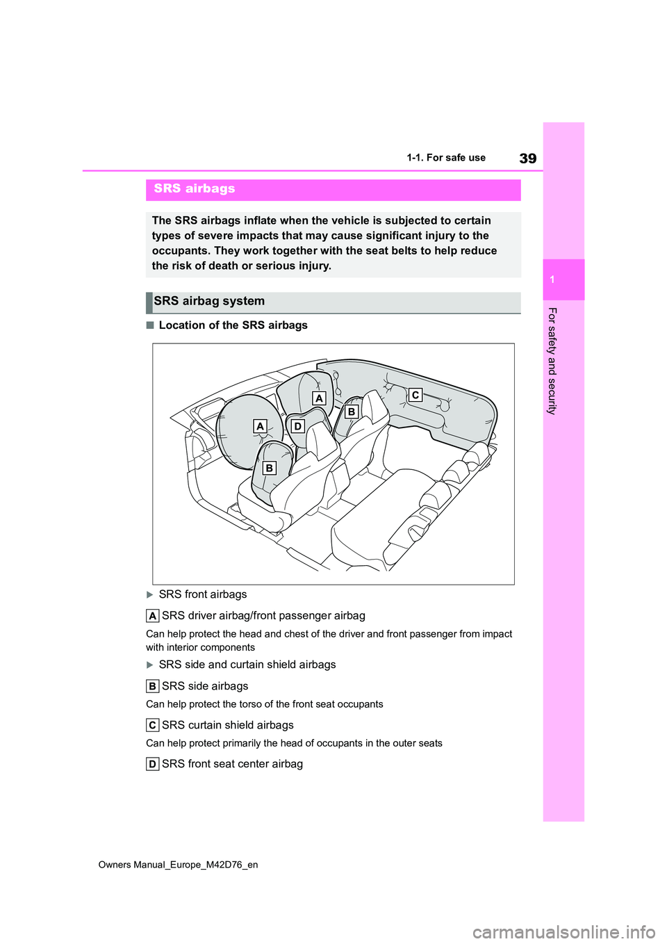 TOYOTA BZ4X 2022 Owners Manual (in English) 39
1
Owners Manual_Europe_M42D76_en
1-1. For safe use
For safety and security
■Location of the SRS airbags
SRS front airbags
SRS driver airbag/front passenger airbag
Can help protect the head an TOYOTA BZ4X 2022 Owners Manual (in English) 39
1
Owners Manual_Europe_M42D76_en
1-1. For safe use
For safety and security
■Location of the SRS airbags
SRS front airbags
SRS driver airbag/front passenger airbag
Can help protect the head an