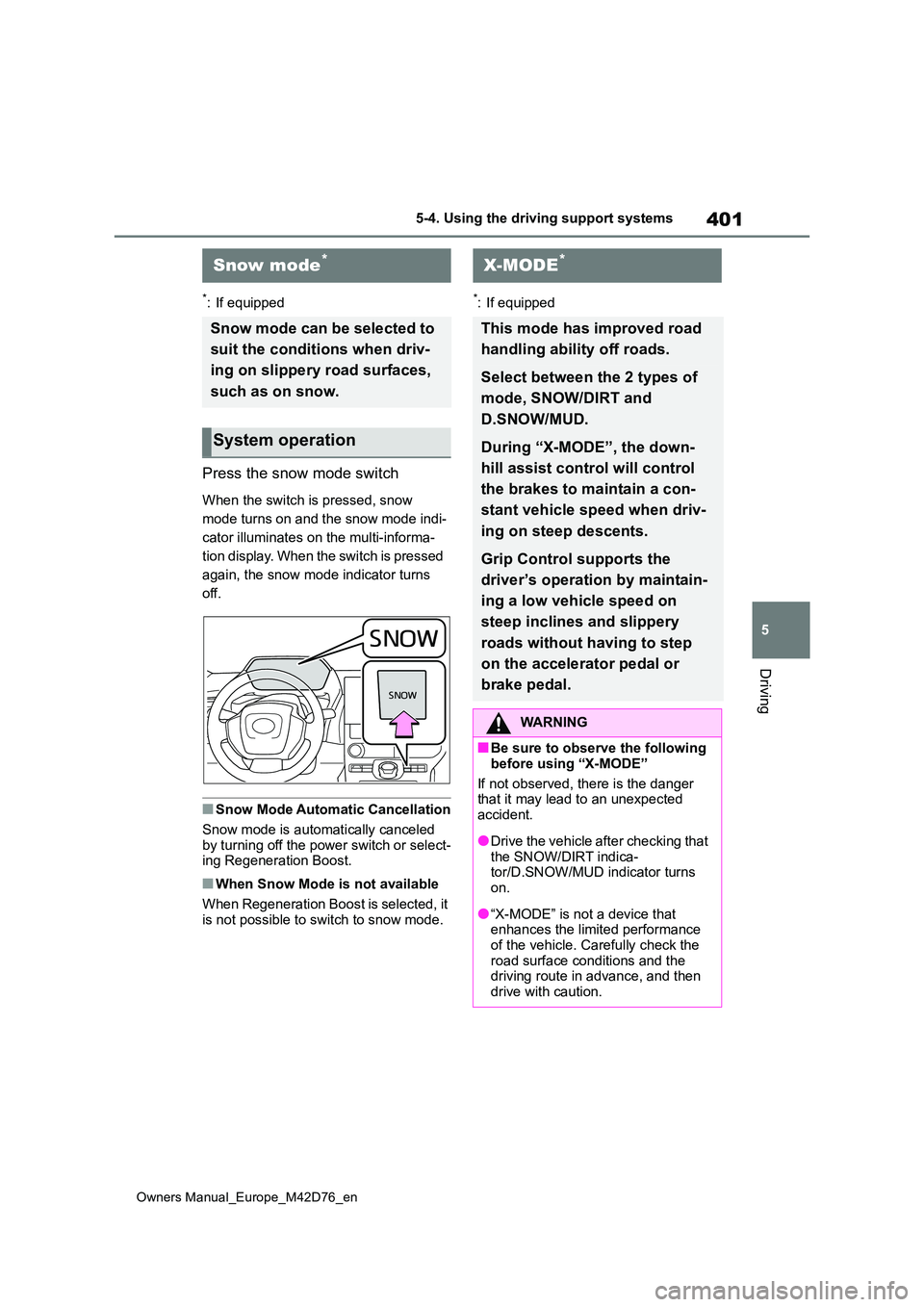 TOYOTA BZ4X 2022 Owners Manual (in English) 401
5
Owners Manual_Europe_M42D76_en
5-4. Using the driving support systems
Driving
*: If equipped
Press the snow mode switch
When the switch is pressed, snow
mode turns on and the snow mode indi-
c TOYOTA BZ4X 2022 Owners Manual (in English) 401
5
Owners Manual_Europe_M42D76_en
5-4. Using the driving support systems
Driving
*: If equipped
Press the snow mode switch
When the switch is pressed, snow
mode turns on and the snow mode indi-
c