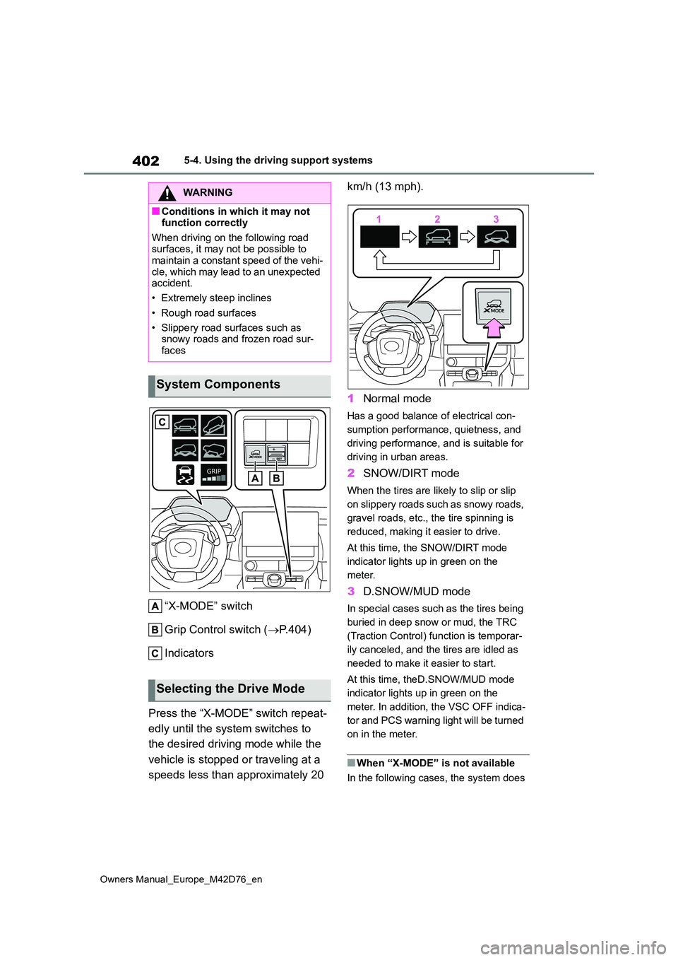 TOYOTA BZ4X 2022 (in English) Manual Online 402
Owners Manual_Europe_M42D76_en
5-4. Using the driving support systems
“X-MODE” switch
Grip Control switch ( P.404)
Indicators
Press the “X-MODE” switch repeat-
edly until the system TOYOTA BZ4X 2022 (in English) Manual Online 402
Owners Manual_Europe_M42D76_en
5-4. Using the driving support systems
“X-MODE” switch
Grip Control switch ( P.404)
Indicators
Press the “X-MODE” switch repeat-
edly until the system