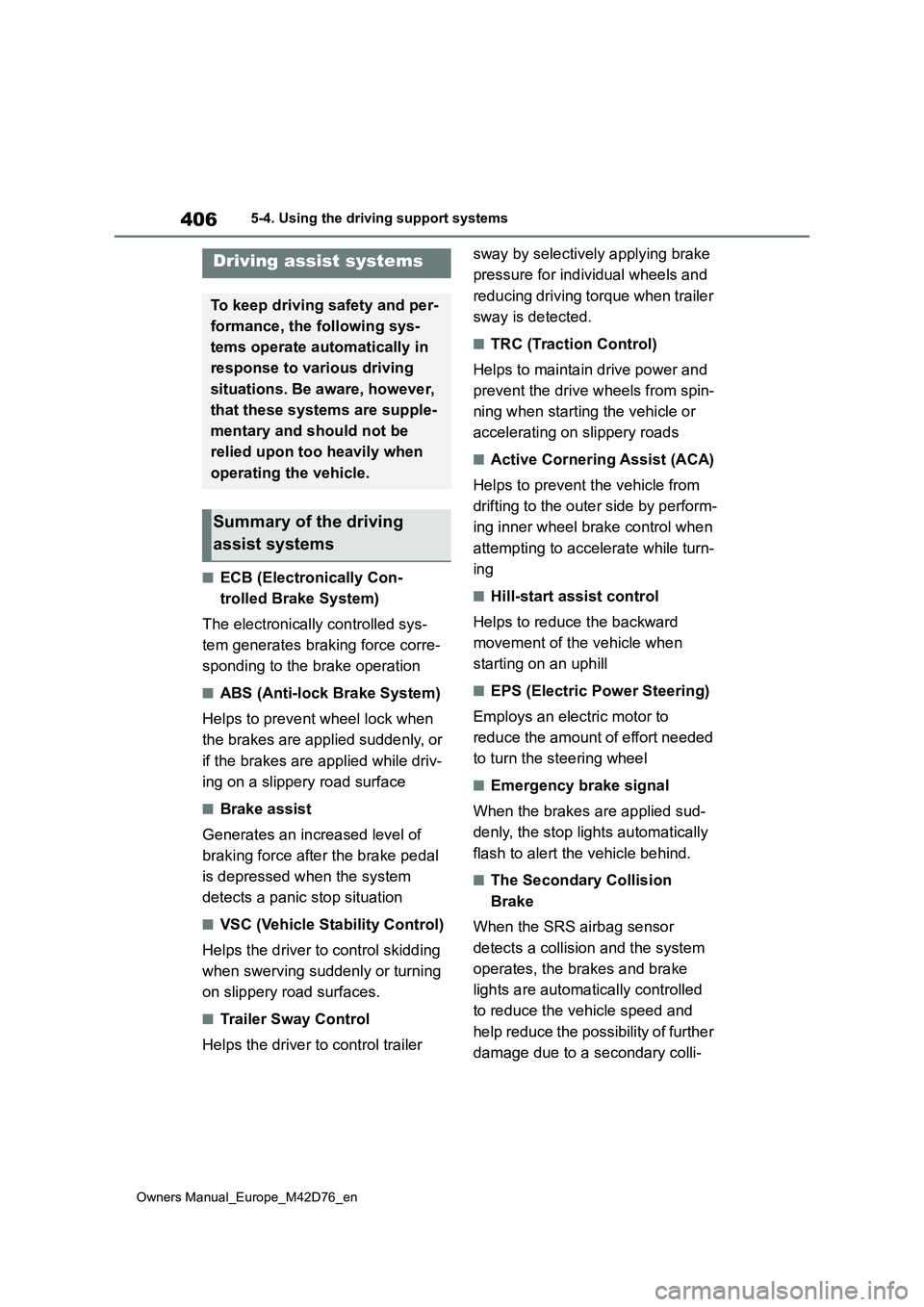 TOYOTA BZ4X 2022 (in English) Owners Manual 406
Owners Manual_Europe_M42D76_en
5-4. Using the driving support systems
■ECB (Electronically Con-
trolled Brake System)
The electronically controlled sys-
tem generates braking force corre-
sp TOYOTA BZ4X 2022 (in English) Owners Manual 406
Owners Manual_Europe_M42D76_en
5-4. Using the driving support systems
■ECB (Electronically Con-
trolled Brake System)
The electronically controlled sys-
tem generates braking force corre-
sp