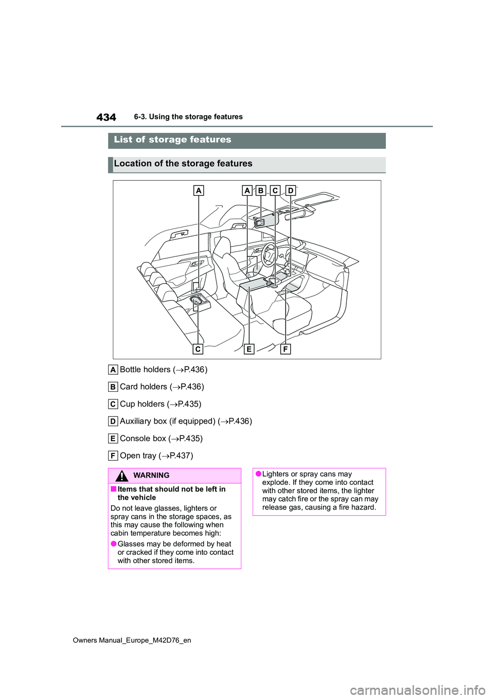 TOYOTA BZ4X 2022 Owners Manual (in English) 434
Owners Manual_Europe_M42D76_en
6-3. Using the storage features
6-3.Using the s torage feature s
Bottle holders (P.436)
Card holders ( P.436)
Cup holders ( P.435)
Auxiliary box (if equ TOYOTA BZ4X 2022 Owners Manual (in English) 434
Owners Manual_Europe_M42D76_en
6-3. Using the storage features
6-3.Using the s torage feature s
Bottle holders (P.436)
Card holders ( P.436)
Cup holders ( P.435)
Auxiliary box (if equ