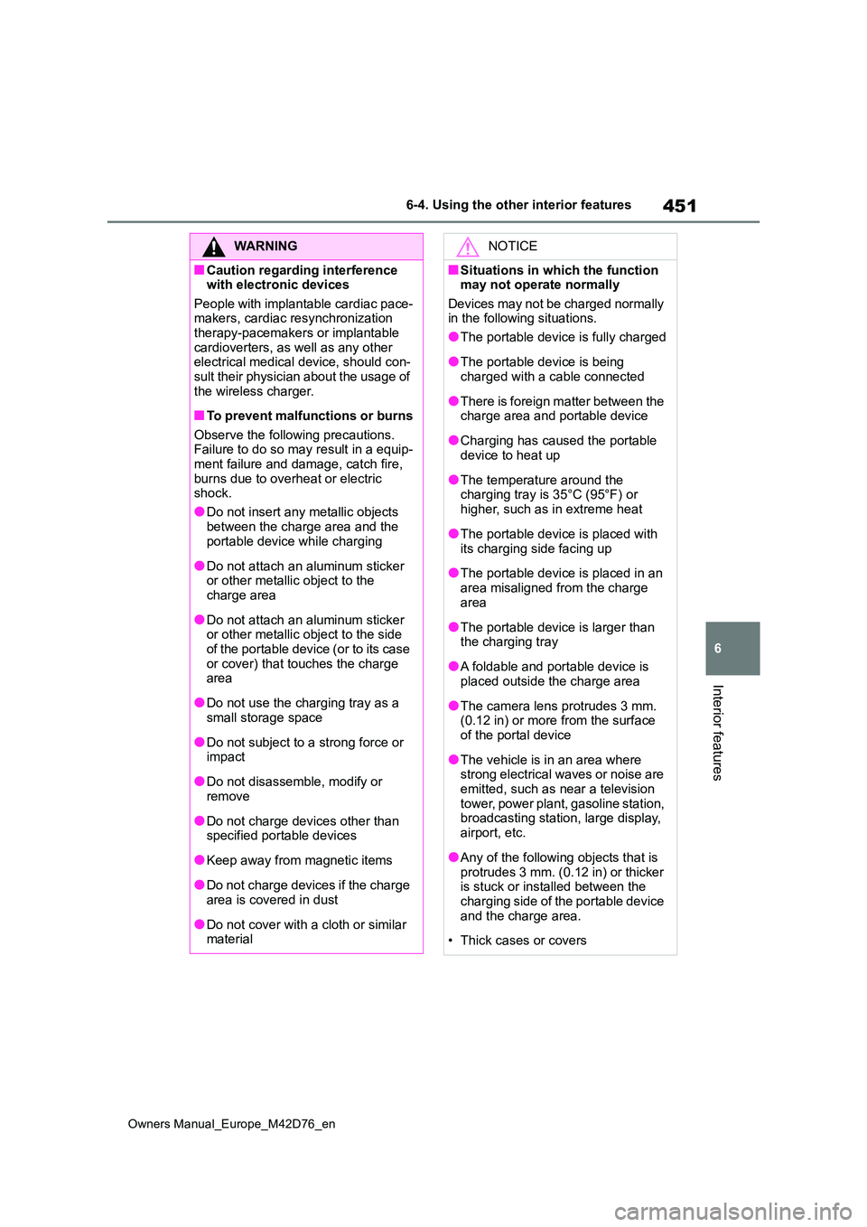 TOYOTA BZ4X 2022 Owners Manual (in English) 451
6
Owners Manual_Europe_M42D76_en
6-4. Using the other interior features
Interior features
WARNING
■Caution regarding interference with electronic devices
People with implantable cardiac pace- TOYOTA BZ4X 2022 Owners Manual (in English) 451
6
Owners Manual_Europe_M42D76_en
6-4. Using the other interior features
Interior features
WARNING
■Caution regarding interference with electronic devices
People with implantable cardiac pace-