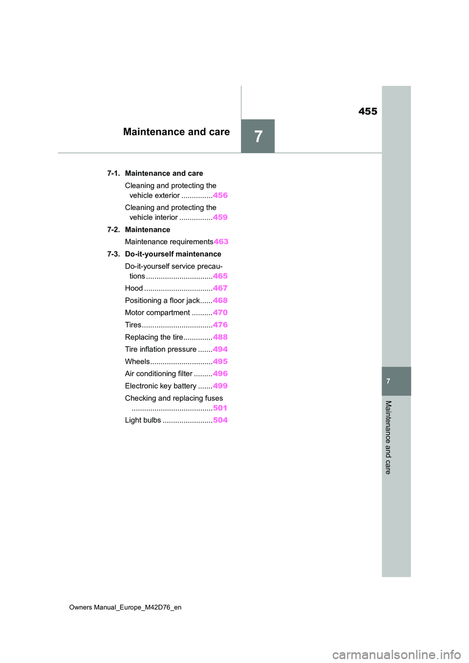 TOYOTA BZ4X 2022  Owners Manual (in English) 7
455
Owners Manual_Europe_M42D76_en
7
Maintenance and care
Maintenance and care
7-1. Maintenance and care 
Cleaning and protecting the  
vehicle exterior ............... 456 
Cleaning and protecting 