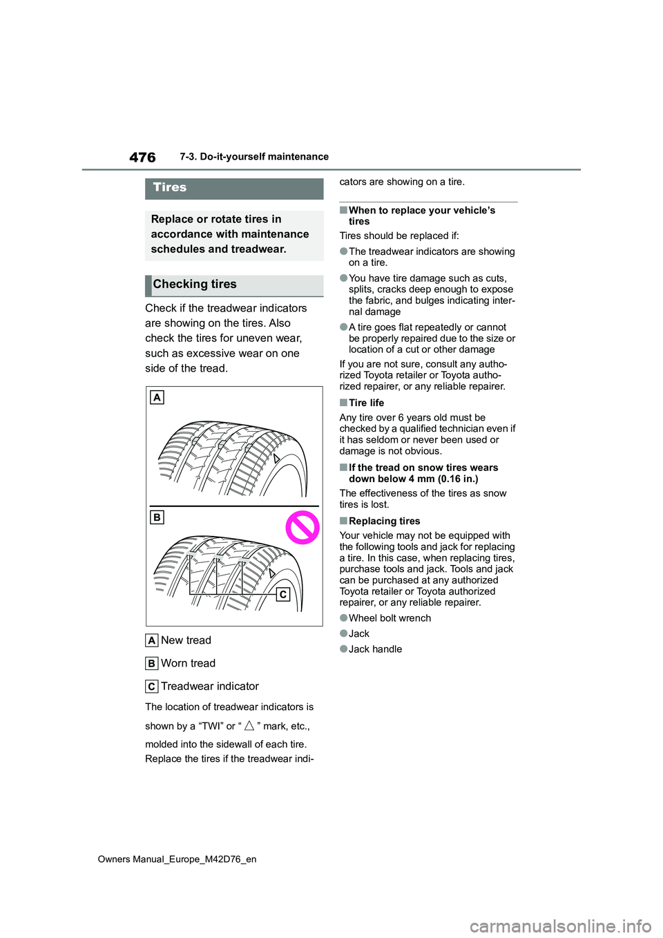 TOYOTA BZ4X 2022  Owners Manual (in English) 476
Owners Manual_Europe_M42D76_en
7-3. Do-it-yourself maintenance
Check if the treadwear indicators  
are showing on the tires. Also  
check the tires for uneven wear,  
such as excessive wear on one