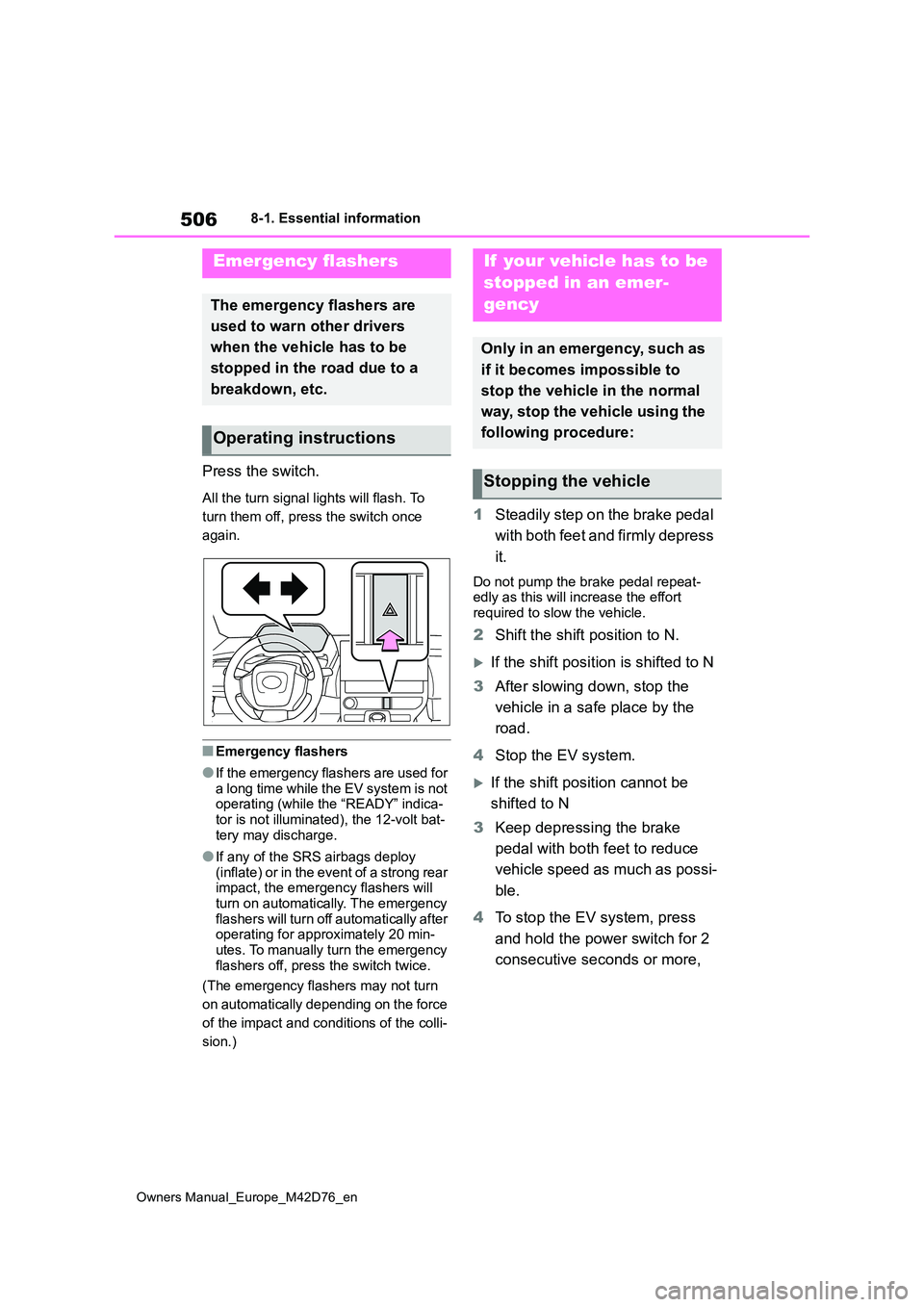 TOYOTA BZ4X 2022 (in English) Owners Manual 506
Owners Manual_Europe_M42D76_en
8-1. Essential information
8-1.Esse ntial informa tion
Press the switch.
All the turn signal lights will flash. To
turn them off, press the switch once
again.
■ TOYOTA BZ4X 2022 (in English) Owners Manual 506
Owners Manual_Europe_M42D76_en
8-1. Essential information
8-1.Esse ntial informa tion
Press the switch.
All the turn signal lights will flash. To
turn them off, press the switch once
again.
■
