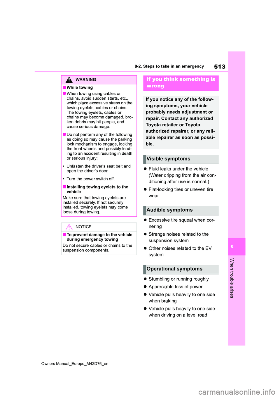 TOYOTA BZ4X 2022   (in English) Service Manual 513
8
Owners Manual_Europe_M42D76_en
8-2. Steps to take in an emergency
When trouble arises
Fluid leaks under the vehicle 
(Water dripping from the air con- 
ditioning after use is normal.) 
 Fl