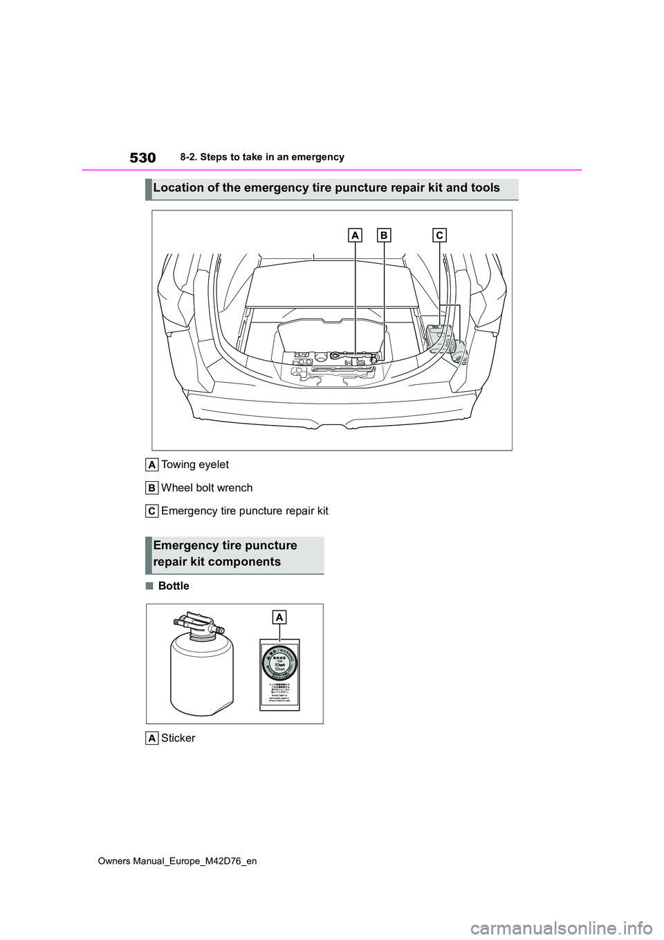 TOYOTA BZ4X 2022 Owners Manual (in English) 530
Owners Manual_Europe_M42D76_en
8-2. Steps to take in an emergency
Towing eyelet
Wheel bolt wrench
Emergency tire puncture repair kit
■Bottle
Sticker
Location of the emergency tire puncture re TOYOTA BZ4X 2022 Owners Manual (in English) 530
Owners Manual_Europe_M42D76_en
8-2. Steps to take in an emergency
Towing eyelet
Wheel bolt wrench
Emergency tire puncture repair kit
■Bottle
Sticker
Location of the emergency tire puncture re