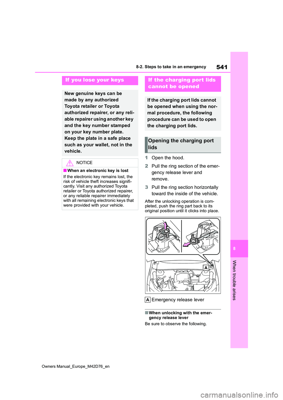 TOYOTA BZ4X 2022 (in English) Repair Manual 541
8
Owners Manual_Europe_M42D76_en
8-2. Steps to take in an emergency
When trouble arises
1Open the hood.
2 Pull the ring section of the emer-
gency release lever and
remove.
3 Pull the ring se TOYOTA BZ4X 2022 (in English) Repair Manual 541
8
Owners Manual_Europe_M42D76_en
8-2. Steps to take in an emergency
When trouble arises
1Open the hood.
2 Pull the ring section of the emer-
gency release lever and
remove.
3 Pull the ring se