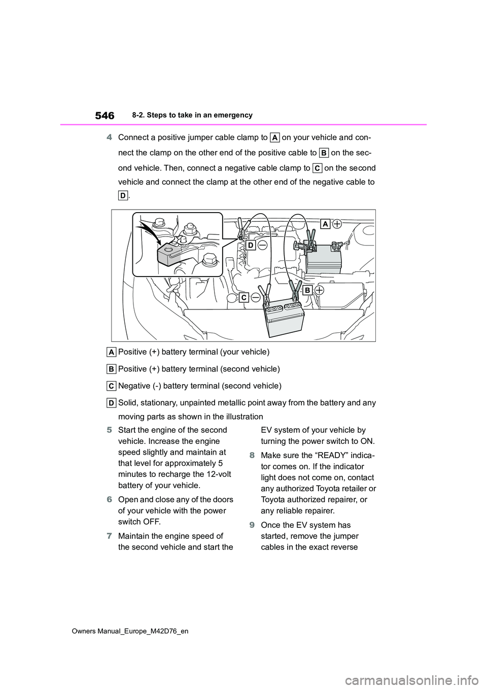 TOYOTA BZ4X 2022 Owners Manual (in English) 546
Owners Manual_Europe_M42D76_en
8-2. Steps to take in an emergency
4Connect a positive jumper cable clamp to on your vehicle and con-
nect the clamp on the other end of the positive cable to o TOYOTA BZ4X 2022 Owners Manual (in English) 546
Owners Manual_Europe_M42D76_en
8-2. Steps to take in an emergency
4Connect a positive jumper cable clamp to on your vehicle and con-
nect the clamp on the other end of the positive cable to o