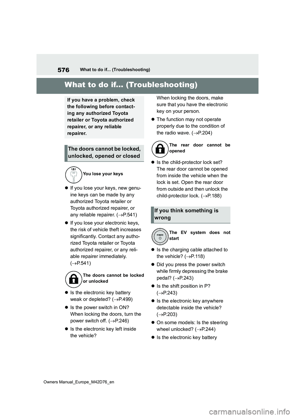 TOYOTA BZ4X 2022 (in English) Manual PDF 576
Owners Manual_Europe_M42D76_en
What to do if... (Troubleshooting)
1-1.What to d o if... (Tro ublesho oting)What to do if... (Troubleshooting)
If you lose your keys, new genu-
ine keys can be m TOYOTA BZ4X 2022 (in English) Manual PDF 576
Owners Manual_Europe_M42D76_en
What to do if... (Troubleshooting)
1-1.What to d o if... (Tro ublesho oting)What to do if... (Troubleshooting)
If you lose your keys, new genu-
ine keys can be m
