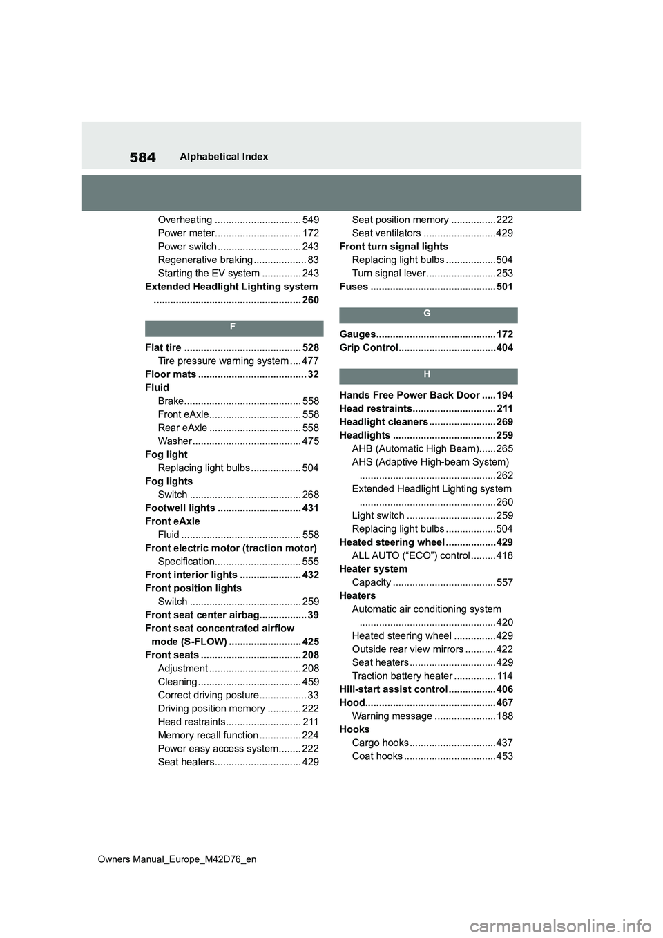 TOYOTA BZ4X 2022  Owners Manual (in English) 584
Owners Manual_Europe_M42D76_en
Alphabetical Index 
Overheating ............................... 549 
Power meter............................... 172
Power switch .............................. 243
R