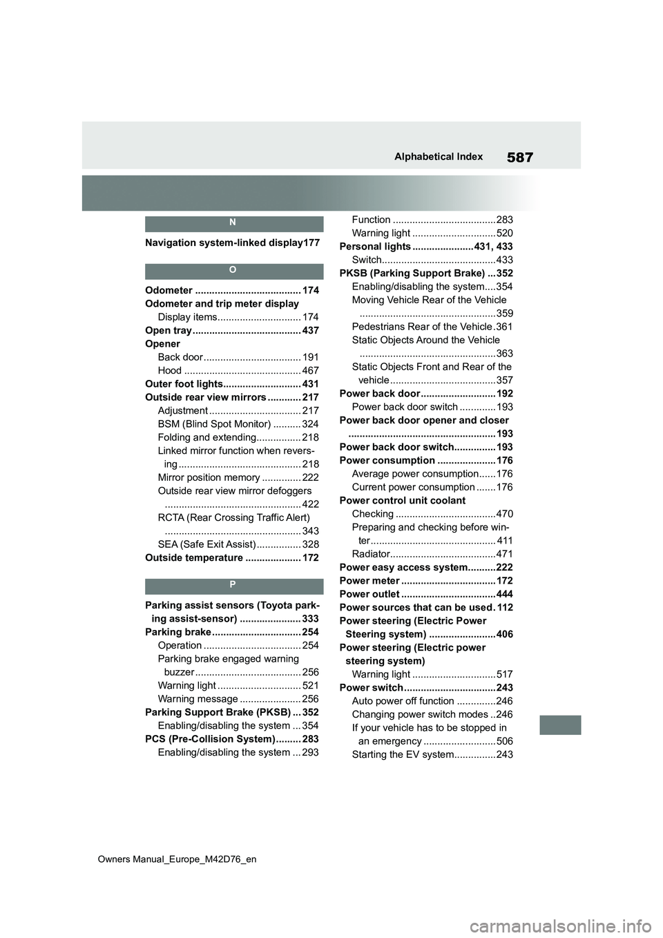 TOYOTA BZ4X 2022  Owners Manual (in English) 587
Owners Manual_Europe_M42D76_en
Alphabetical Index
N
Navigation system-linked display177
O
Odometer ...................................... 174 
Odometer and trip meter display
Display items........