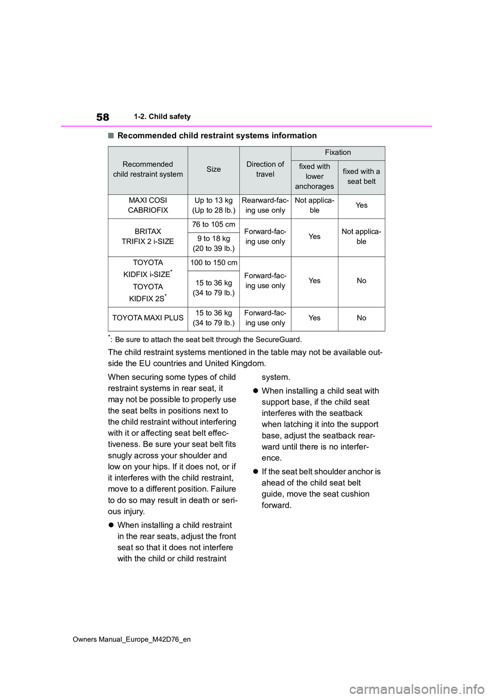 TOYOTA BZ4X 2022 (in English) Workshop Manual 58
Owners Manual_Europe_M42D76_en
1-2. Child safety
■Recommended child restraint systems information
*: Be sure to attach the seat belt through the SecureGuard.
The child restraint systems mentioned TOYOTA BZ4X 2022 (in English) Workshop Manual 58
Owners Manual_Europe_M42D76_en
1-2. Child safety
■Recommended child restraint systems information
*: Be sure to attach the seat belt through the SecureGuard.
The child restraint systems mentioned