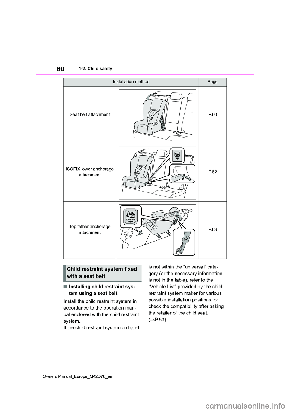 TOYOTA BZ4X 2022 (in English) Repair Manual 60
Owners Manual_Europe_M42D76_en
1-2. Child safety
■Installing child restraint sys-
tem using a seat belt
Install the child restraint system in
accordance to the operation man-
ual enclosed wi TOYOTA BZ4X 2022 (in English) Repair Manual 60
Owners Manual_Europe_M42D76_en
1-2. Child safety
■Installing child restraint sys-
tem using a seat belt
Install the child restraint system in
accordance to the operation man-
ual enclosed wi