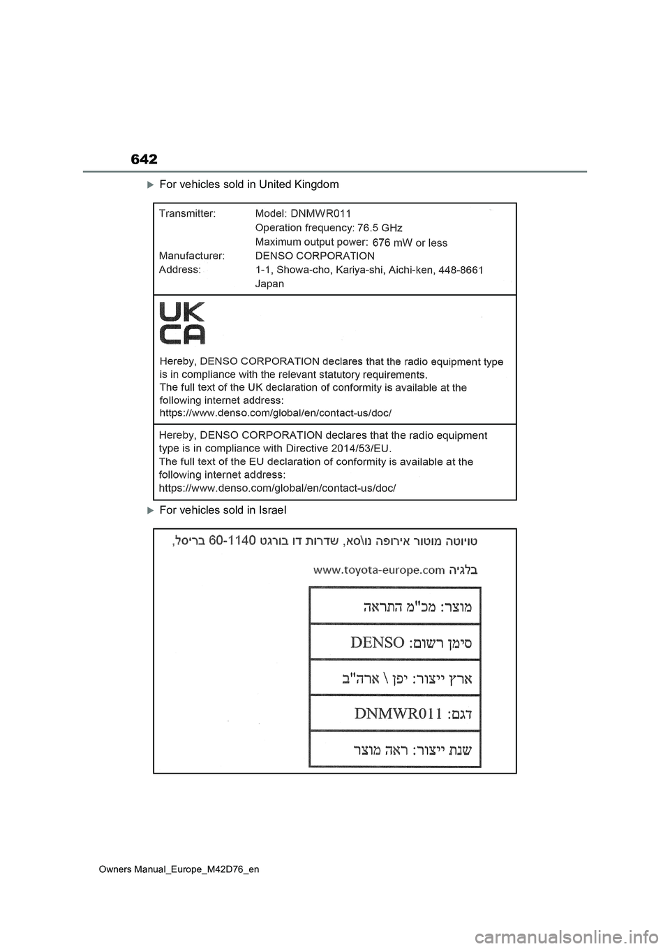 TOYOTA BZ4X 2022  Owners Manual (in English) 642
Owners Manual_Europe_M42D76_en
For vehicles sold in United Kingdom
For vehicles sold in Israel 