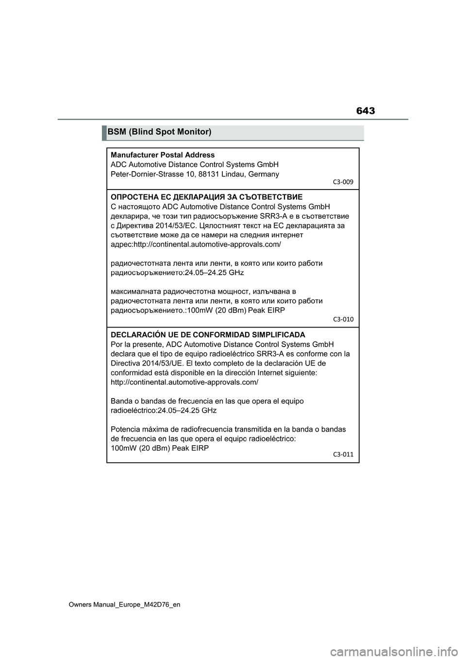 TOYOTA BZ4X 2022  Owners Manual (in English) 643
Owners Manual_Europe_M42D76_en
BSM (Blind Spot Monitor) 