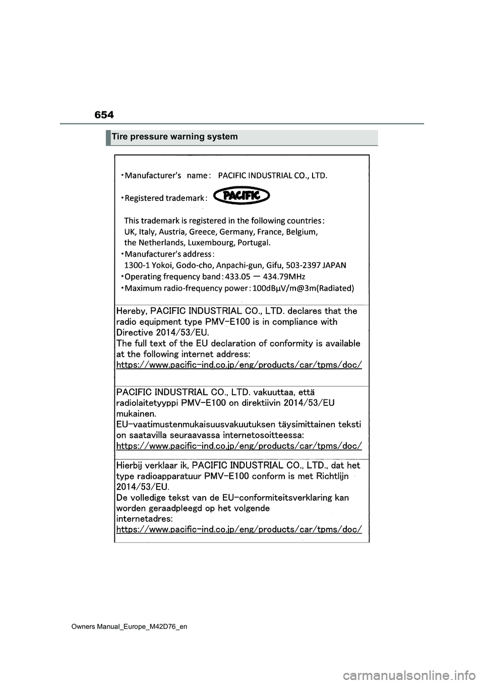 TOYOTA BZ4X 2022  Owners Manual (in English) 654
Owners Manual_Europe_M42D76_en
Tire pressure warning system 