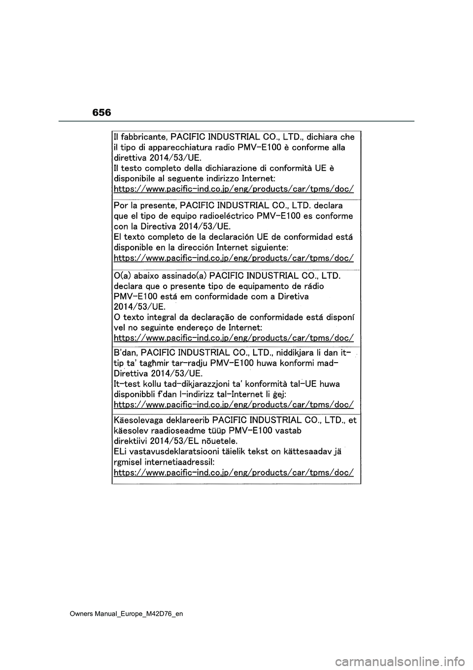 TOYOTA BZ4X 2022  Owners Manual (in English) 656
Owners Manual_Europe_M42D76_en 