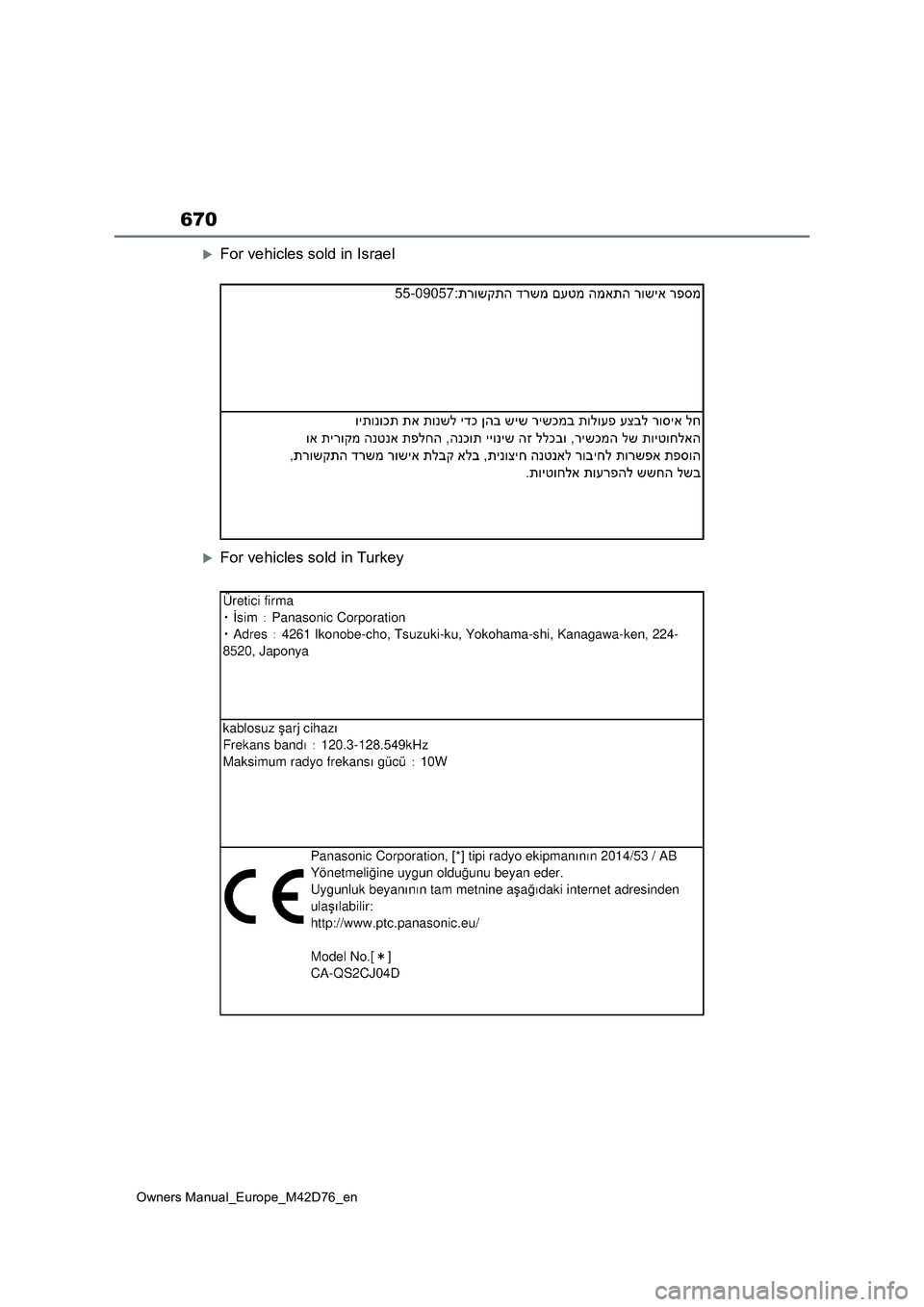 TOYOTA BZ4X 2022 (in English) Manual Online 670
Owners Manual_Europe_M42D76_en
For vehicles sold in Israel
For vehicles sold in Turkey TOYOTA BZ4X 2022 (in English) Manual Online 670
Owners Manual_Europe_M42D76_en
For vehicles sold in Israel
For vehicles sold in Turkey