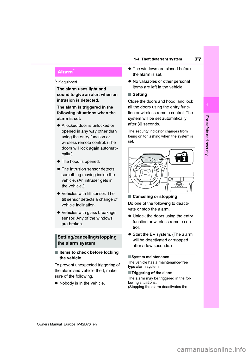 TOYOTA BZ4X 2022 Owners Manual (in English) 77
1
Owners Manual_Europe_M42D76_en
1-4. Theft deterrent system
For safety and security
*: If equipped
■Items to check before locking
the vehicle
To prevent unexpected triggering of
the alarm a TOYOTA BZ4X 2022 Owners Manual (in English) 77
1
Owners Manual_Europe_M42D76_en
1-4. Theft deterrent system
For safety and security
*: If equipped
■Items to check before locking
the vehicle
To prevent unexpected triggering of
the alarm a